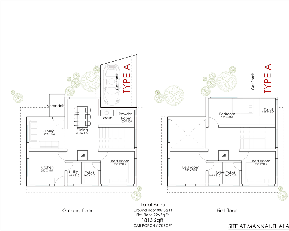Type A floor plan: ground floor with living, dining, kitchen, utility, one bedroom, powder room and car porch; first floor with three bedrooms