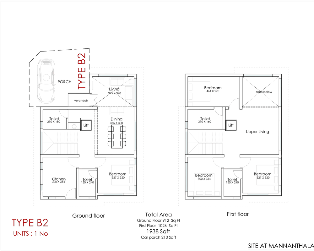 Type B2 floor plan: ground floor with living, dining, kitchen and one bedroom; first floor with three bedrooms and upper living