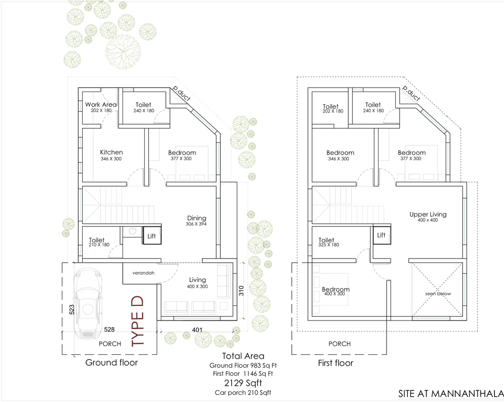 Type D floor plan: angled corner plan with ground-floor living, dining, kitchen, work area and one bedroom; first floor with three bedrooms and upper living