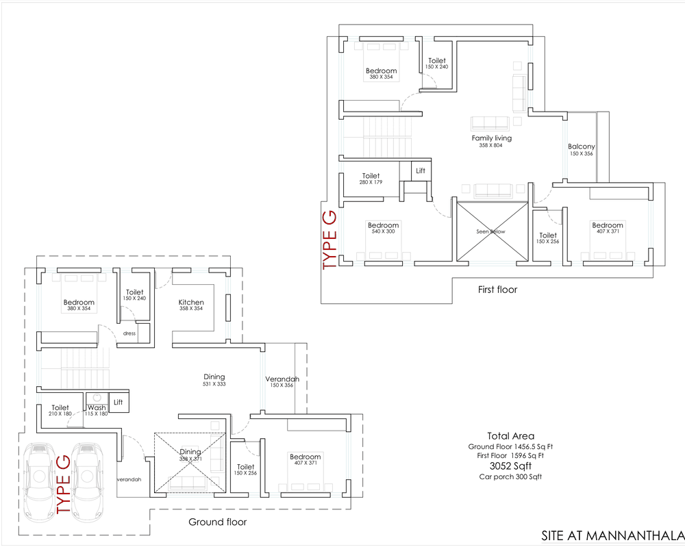 Type G floor plan: ground floor with two bedrooms, twin dining spaces, kitchen and two-car porch; first floor with three bedrooms, family living and balcony