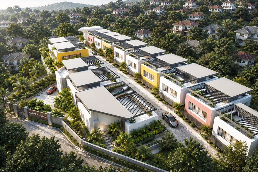 Wide aerial of Fairview Villas in morning light within the established Mannanthala neighbourhood