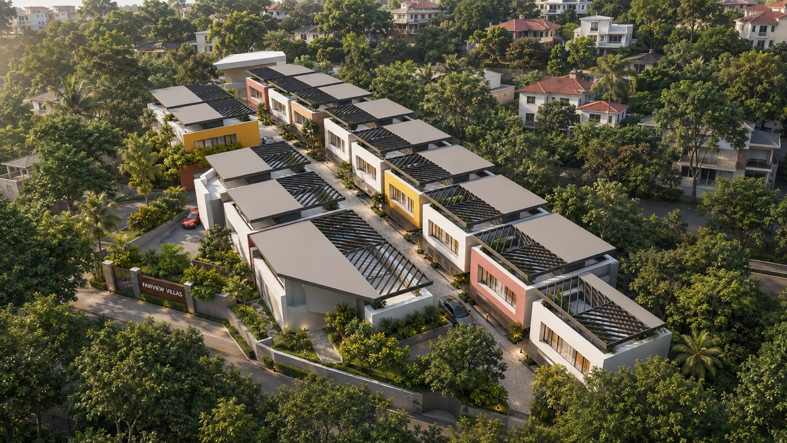 Aerial view of Fairview Villas at sunset, fifteen contemporary villas set among mature trees in Mannanthala