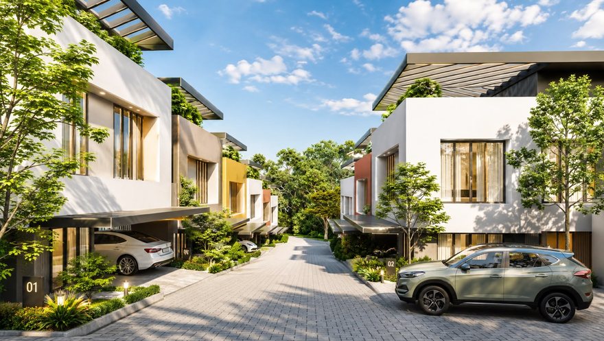 Paved internal drive with villas 01 and 02 and mature planting