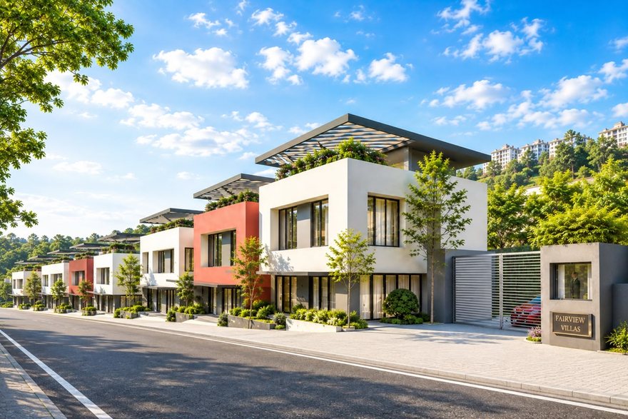 Fairview Villas entrance gate and street elevation from the approach road