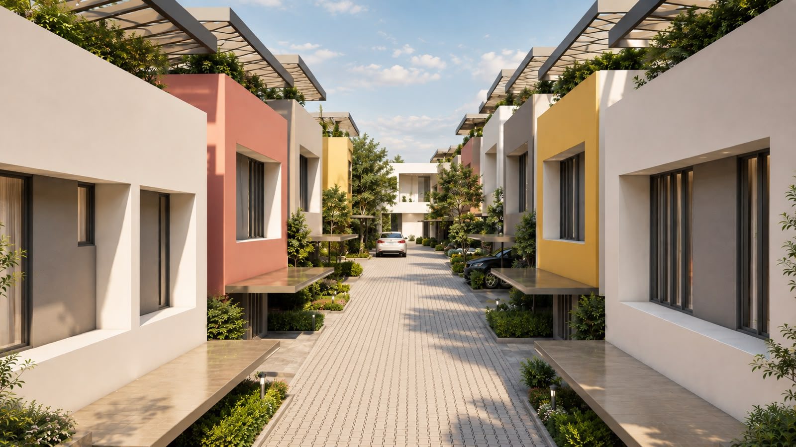 The same internal street in daylight, with planted pergolas and shaded porches