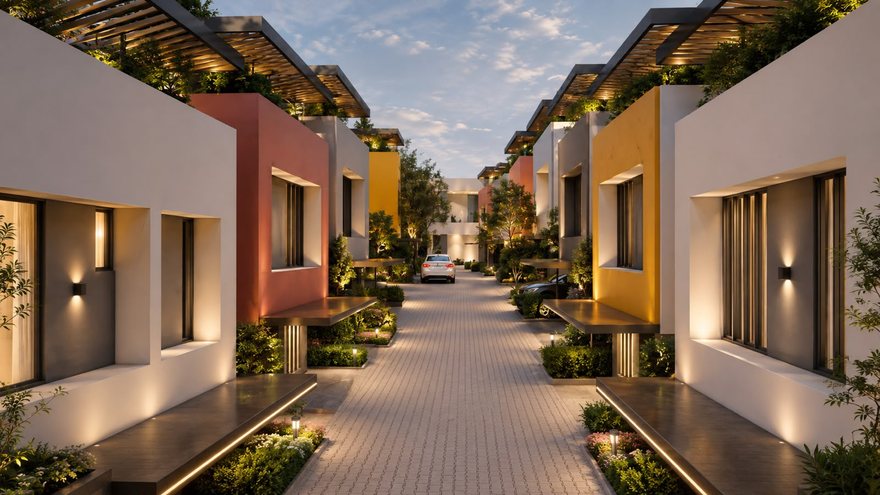 Internal street at dusk with lit pergolas and planted verges