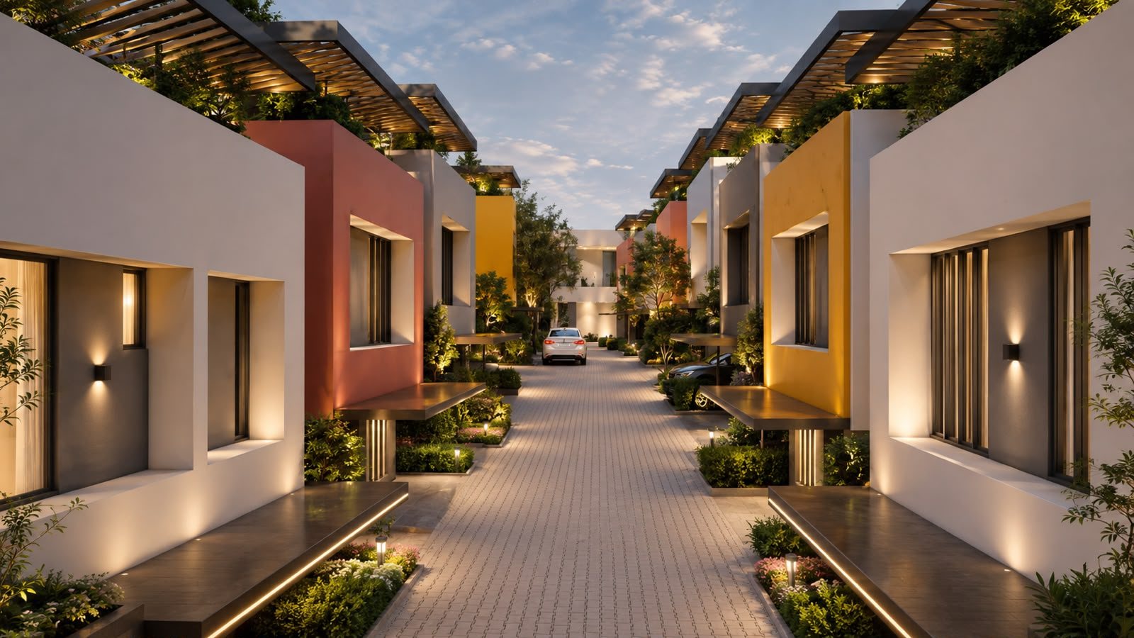 Internal street at dusk with warmly lit villa façades and pergola canopies