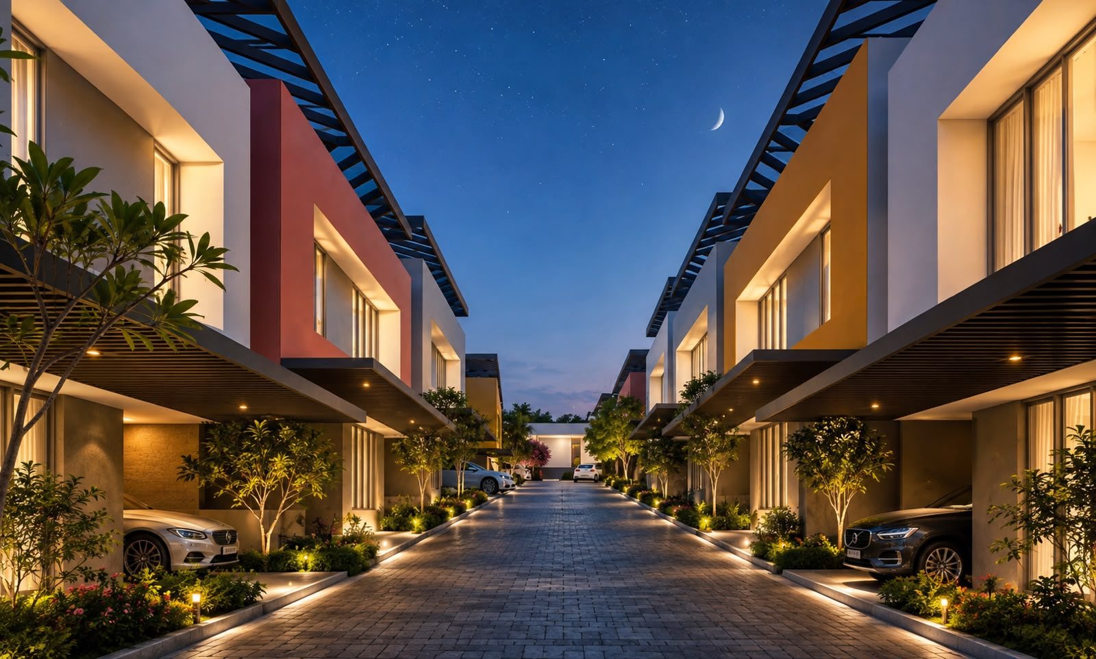 Internal street at night, villa windows lit warmly beneath a crescent moon