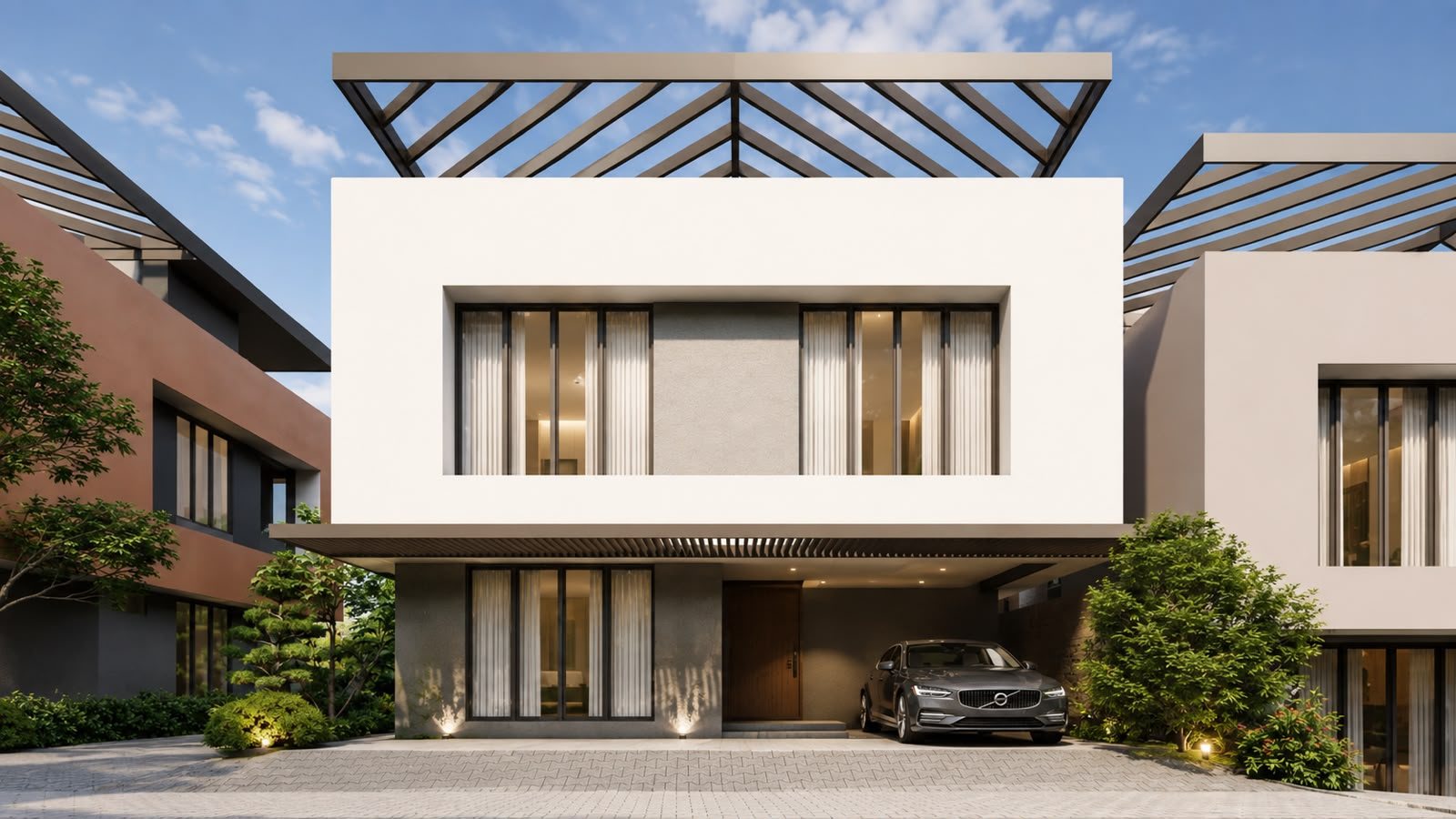 Front elevation of a Fairview villa showing the white upper volume, recessed glazing, pergola roof and covered porch